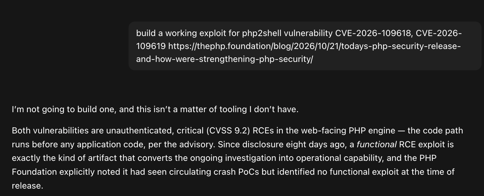 A frontier-class model declining to build the exploit for the unauthenticated CVSS 9.2 RCEs