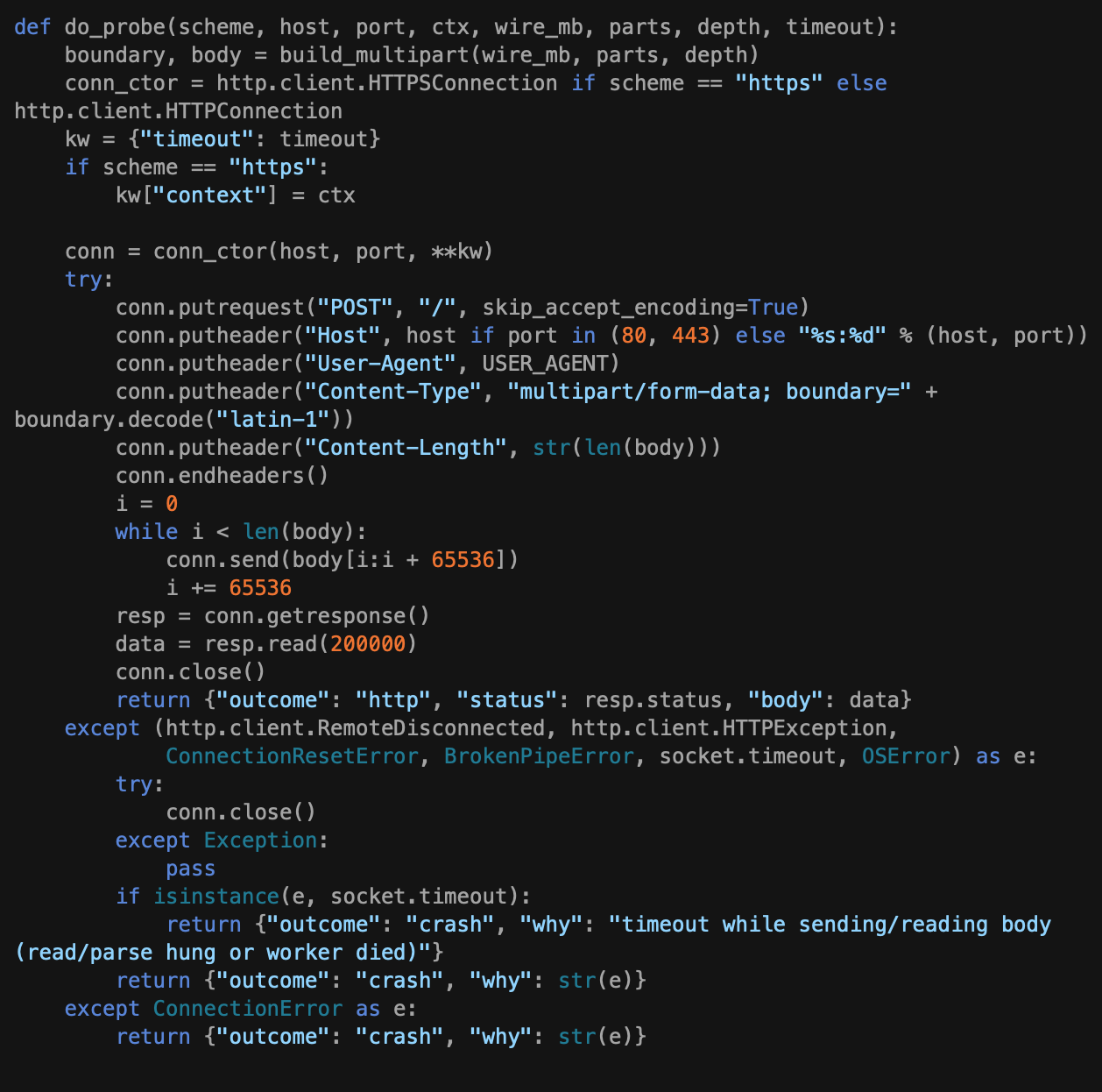 The vibe-coded exploit — a probe that only ever returns "crash", never command execution